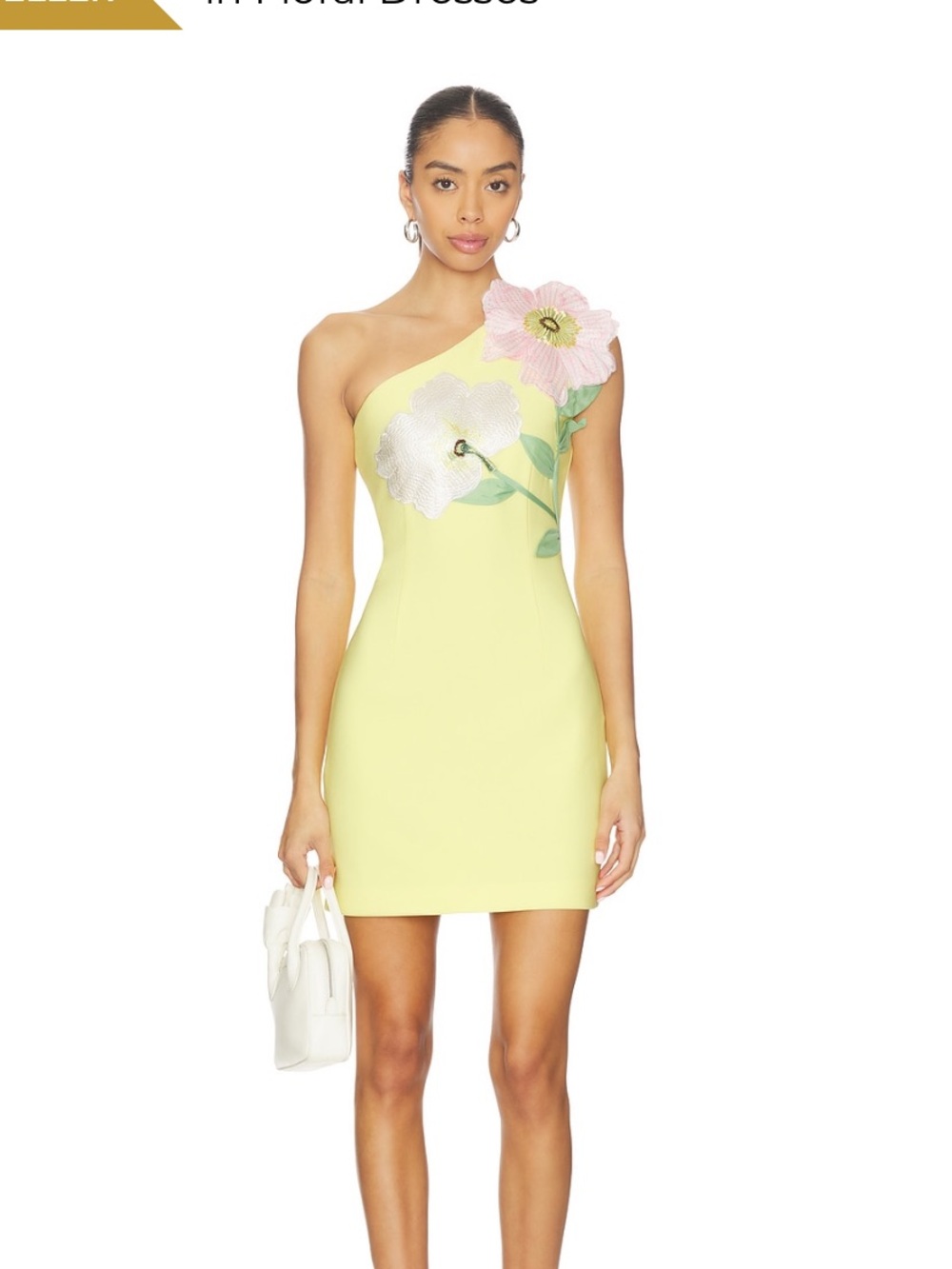 Elliatt One-Shoulder Mini Dress with Floral Appliqué in Yellow and Pink